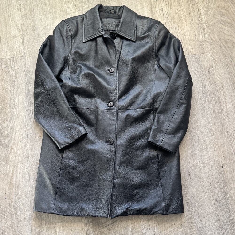 Vintage Jacqueline Ferrar Black Genuine Leather Long Jacket Coat Medium